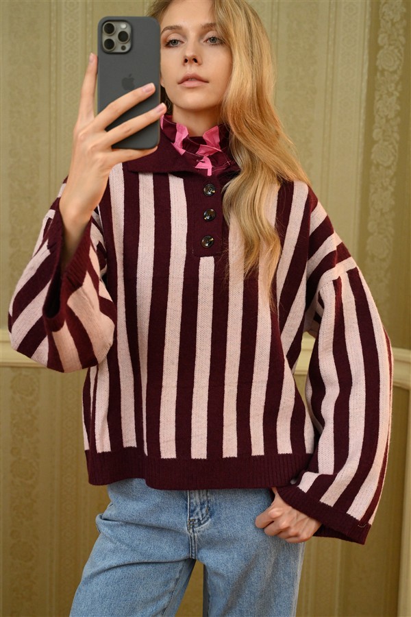 BOOM 012 BUTTONS KNIT BLOUSE MAROON